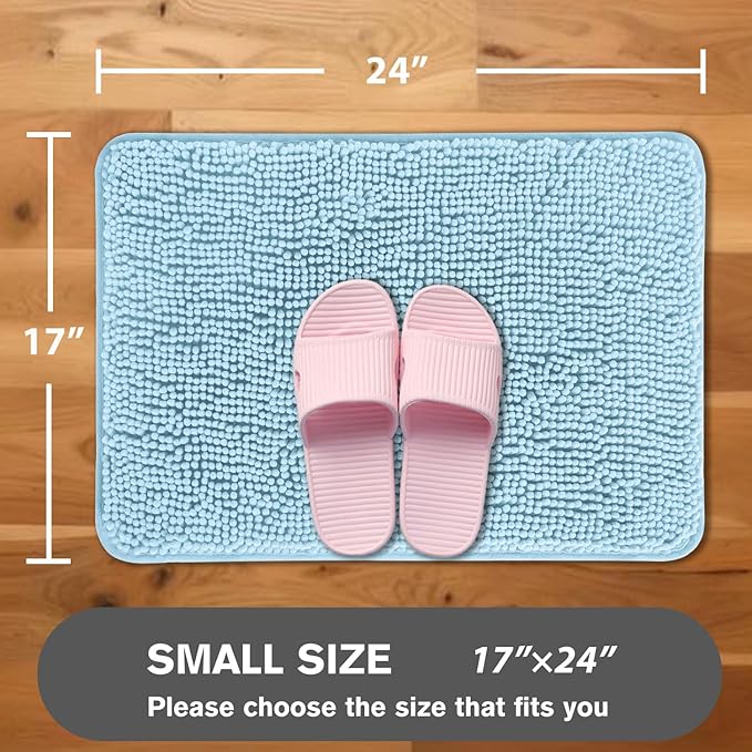 Light Blue Bathroom Rugs – Absorbent and Washable Bath Mat, Non-Slip, Thick Soft Chenille Bath Rugs for Bathroom Floor, Shower, Sink - 17" x 24"