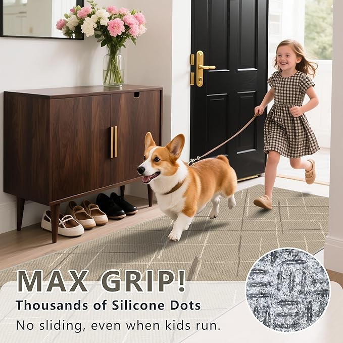 Kitchen Rugs Ultra Non-Slip 2.6x8 Washable Runner Rug Modern Tear and Stain Resistance No Pile Lightweight Runners for Entryway, Hallway, Walkway, Bedside, Entrance, Beige