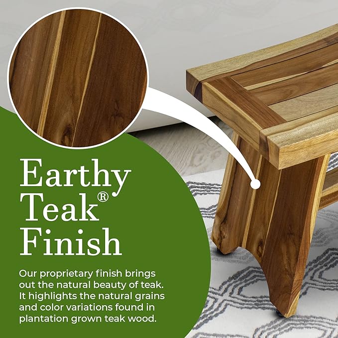 EcoDecors 24 Inch Serenity Teak Shower Bench – Waterproof Bathroom Seat | Spa-Style Teak Wood Stool for Adults & Seniors | Safe Non-Slip Feet | Elegant Finish | 250 Pound Capacity