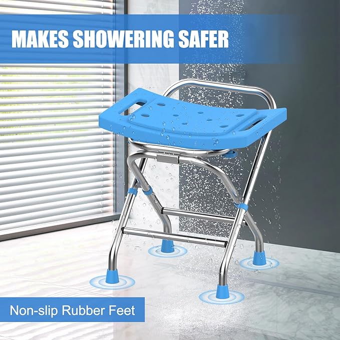 Height Adjustable Folding Shower Chair Seat, Stainless Steel Shower Chair for Inside Shower w/Crossbar, 420LB Portable Travel Shower Stool, Safety Anti-slip Bath Chair for Seniors, Adults,Blue