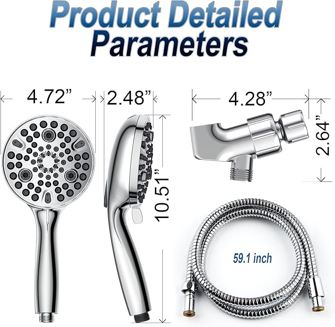 High Pressure Handheld Shower Head, 10-Setting Showerhead, 4.7”Detachable Showerhead Set with 5ft Hose, Adjustable Bracket and Built-in Power Wash to Clean Tub, Tile & Pets - Polished Chrome