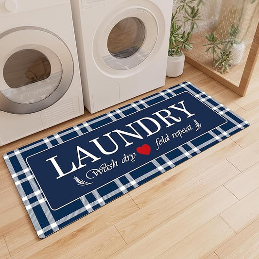XLHOMO Laundry Room Rugs and Mats, 17"x47" Buffalo Plaid Navy Blue Laundry Room Rug Washable Non Slip, Farmhouse Laundry Mats for Floor, Mudroom, Kitchen, Washroom, Bathroom, Entryway Carpet Decor