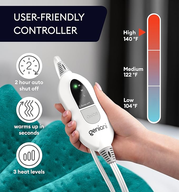 GENIANI Electric Heating Pad for Back Pain & Cramps Relief, Electric Throw, Auto Shut Off, Machine Washable, Moist Heat Pad for Neck & Shoulder - Mother’s Day Gifts, 12x24 Viridian Green