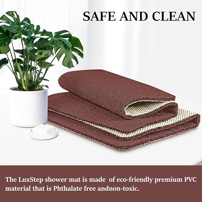 LuxStep Shower Mat Bathtub Mat,36x16 inch, Non-Slip Bath Mat with Drain, Quick Drying PVC Loofah Bathmat for Tub,Shower,Bathroom,Reddish Brown