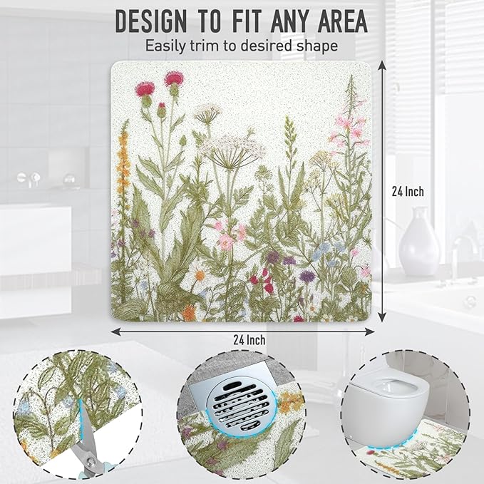 Square Shower Mat, 24 x 24 Inch Non Slip Flower Shower Stall Mat, Quick-Dry PVC Loofah Bath Mat for Shower Tub Bathroom