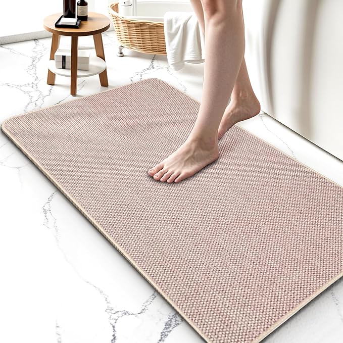 Upgraded Bath Mat 20x24Inch, Thin Bath Mats Rugs with Rubber Backing Non-Slip, Absorbent,Quick Dry Machine Washable, Home Decor Accessories Cozy Cloth Bathroom Rugs fit Under Door/Sink/Tub-Biege