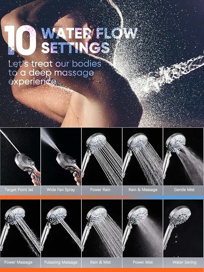Pavezo® High Pressure Handheld Shower Head with Filter, ON/OFF Switch Pause Button, 10-mode Shower Head with Hard Water Softener Filters, SS Hose, Anti-clog & Powerful Clean Tile & Pet, Premium Chrome
