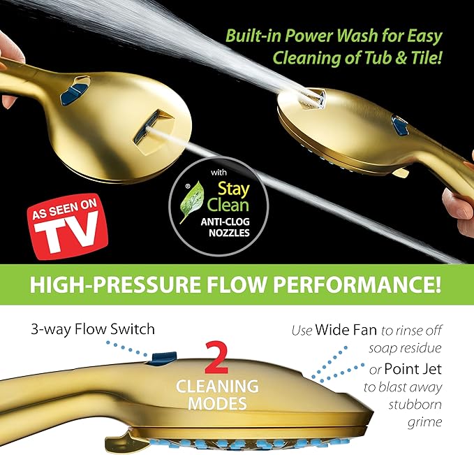 AquaCare High Pressure 8-mode Handheld Shower Head - Anti-clog Nozzles, Built-in Power Wash to Clean Tub, Tile & Pets, Extra Long 6 ft. Stainless Steel Hose, Wall & Overhead Brackets