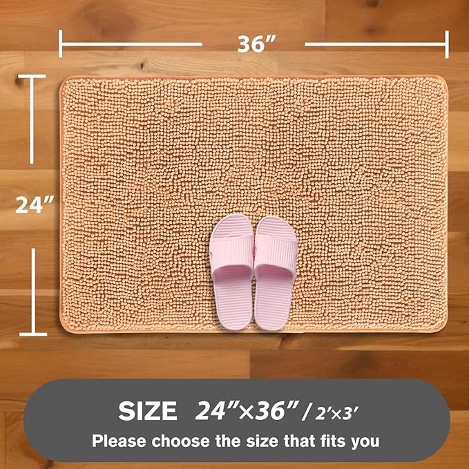 Peach Bathroom Rugs – Absorbent and Washable Bath Mat, Non-Slip, Thick Soft Chenille Bath Rugs for Bathroom Floor, Shower, Sink - 24" x 36"
