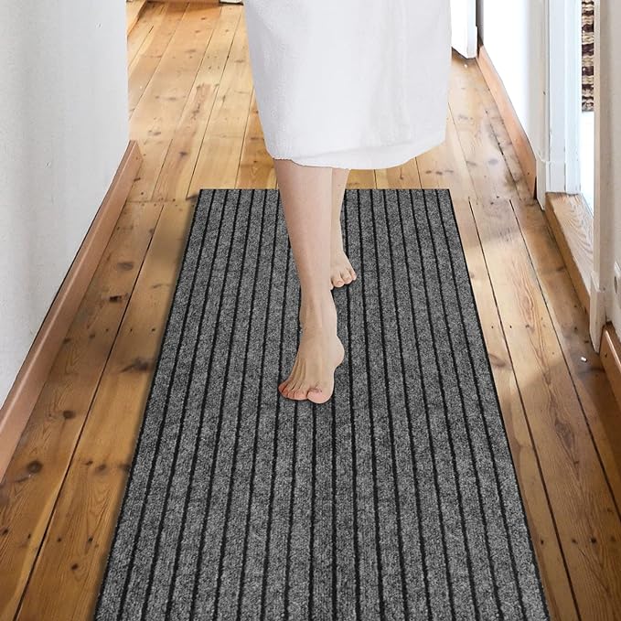 Custom Size Backed Non-Slip Area Rugs Runner, Easy Clean, Waterproof Runner Rugs for Hallway Entryway, Kitchen, Laundry, 3FT x 50FT, Gray Stripe