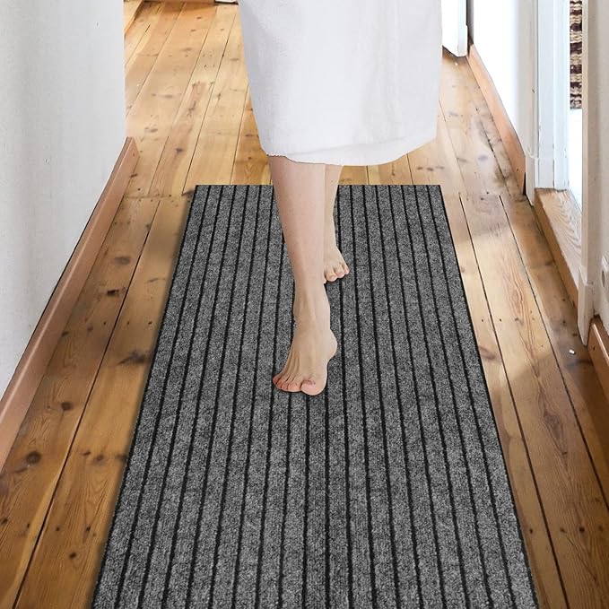 Custom Size Backed Non-Slip Area Rugs Runner, Easy Clean, Waterproof Runner Rugs for Hallway Entryway, Kitchen, Laundry, 3FT x 20FT, Gray Stripe