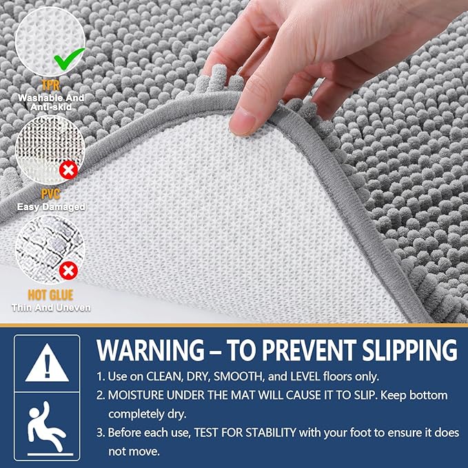 Arotive Bathroom Rugs 47x24, Extra Soft Absorbent Shaggy Chenille Bath Rugs, Machine Washable Rubber Backing Non-Slip Bath Mats for Bathroom Floor Tub and Shower, Home Decor Accessories,Light Grey