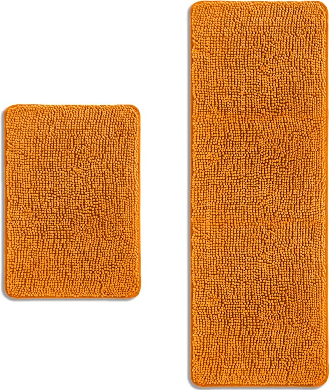 Bathroom Rugs Sets 2 Piece – Absorbent and Washable Bath Mat, Non-Slip, Thick Soft Chenille Bath Rugs for Bathroom Floor, Shower, Sink(17" x 24"+17" x 47", Flame Orange)