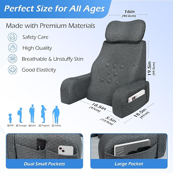Lofty Aim Reading Pillow for Bed: Comfy Memory Foam Rest Back Pillow for Sitting in Bed Adult, Backrest Chair Pillow with Arms for Sitting Up, Watching TV, Reading, Gaming - Grey