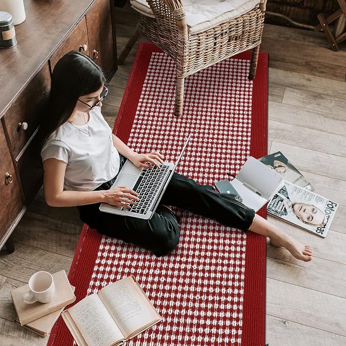 Ileading Christmas Hallway Runner Rug 2x6ft Red Kitchen Floor Mat Modern Geometric Non Slip Throw Rugs Indoor Doormat Machine Washable Accent Carpet for Winter Holiday Valentine's Day Decor