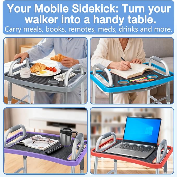 Walker Tray for Seniors with Dual Cup Holders, Side Pouch and Non-Slip Pad, Lightweight Durable Food & Drink Table, Compatible with Walker of 10210-1 Model (Purple)