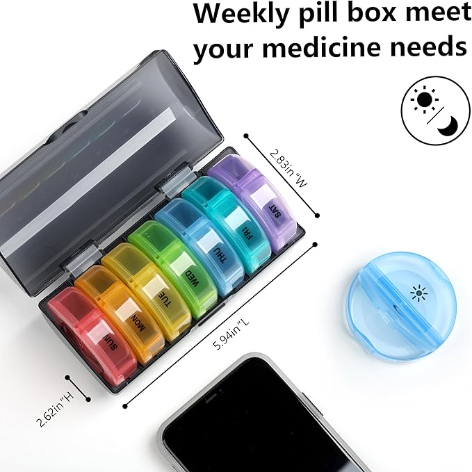 Sukuos Large Weekly Pill Organizer 2 Times a Day, Daily Pill Box 7 Day Easy to Open with Double Protection, AM PM Pill Case for Medicine/Vitamin/Fish Oil/Supplements (Blue)
