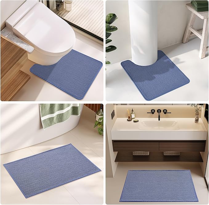 TYUU Bathroom Rugs Non Slip Washable, Super Absorbent Thin Bath Mat Small Quick Dry Low Pile Bathroom Rug, Denim Blue 16"x24"