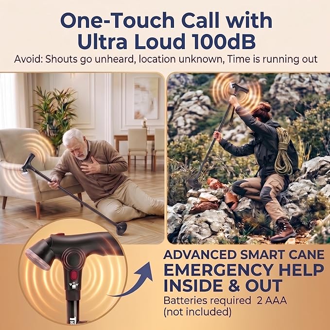 Walking Cane for Men & Women, 3-in-1 Folding Cane with Alarm and Light, Adjustable, Free Standing, Collapsible Walking Stick for Seniors Balance with a Second Handle