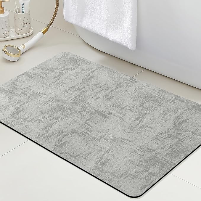 ACCUMTEK Non Slip Bath Mat, Thin Bathroom Rugs Fit Under Door, Quick Dry Bath Mats, Machine Washable Bath Rugs for Bathroom, Bathtub & Kitchen, Bathtub, Light Gray/Marble/32 x20