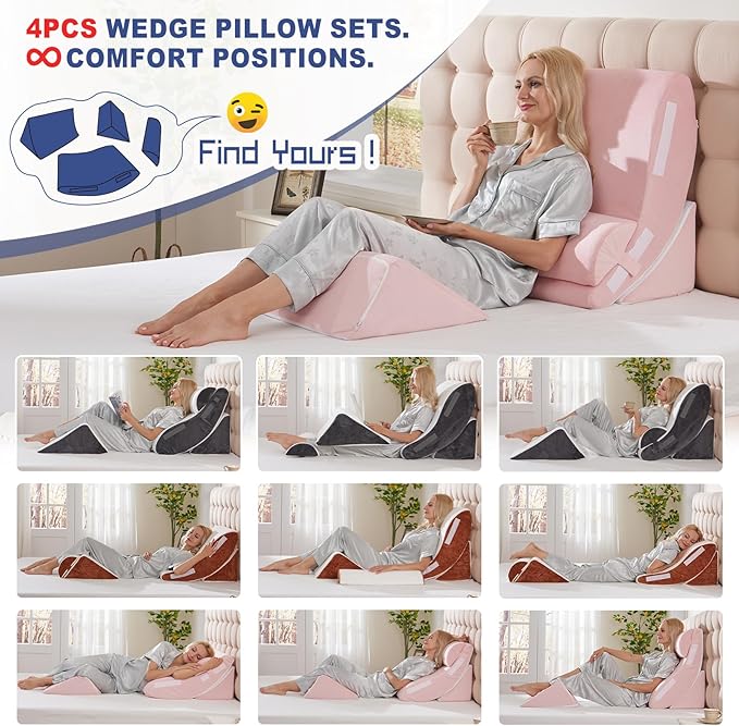 WSOFRLAC 4PCS Orthopedic Bed Wedge Pillow Set for Post Surgery Recovery - Adjustable Memory Foam Support Pillows for Back/Leg/Shoulder Pain Relief, Acid Reflux & Anti Snoring Sleeping System, Pink
