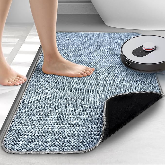 Upgraded Bath Mat 17x27Inch, Thin Bath Mats Rugs with Rubber Backing Non-Slip, Absorbent,Quick Dry Machine Washable, Home Decor Accessories Cozy Cloth Bathroom Rugs fit Under Door/Sink/Tub/Shower-Blue