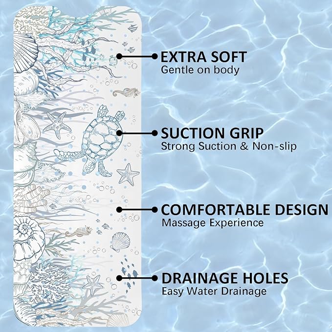 Sea Turtle Bathtub Mat Non Slip, Cute Baby Bath Mat for Tub Rubber Tub Mat, Kids Bath Mats for Bathroom Undersea Anti Slip Shower Mat with Suction and Drain Holes Machine Washable, 40″X16″