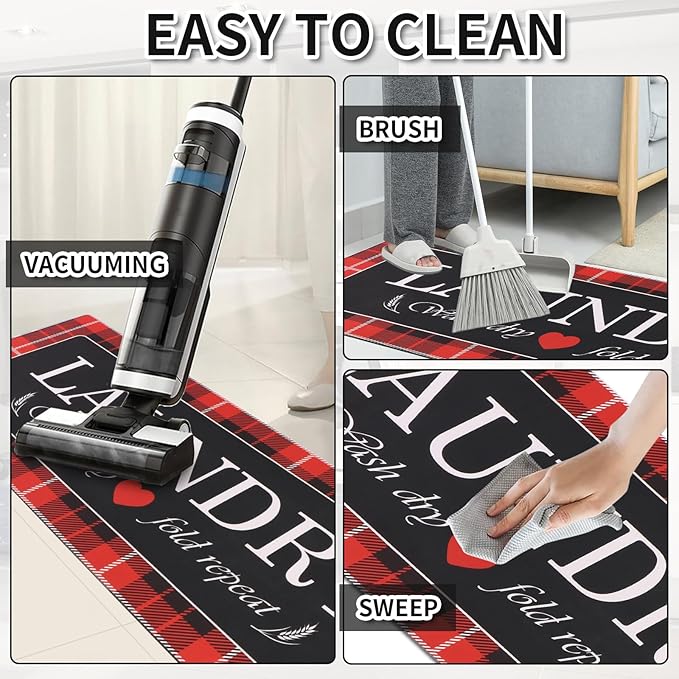 XLHOMO Laundry Room Rug Runner, 17"x47" Buffalo Plaid Non Slip Red Laundry Rugs, Farmhouse Washable Floor Laundry Mats for Laundry Room, Mudroom, Kitchen, Washroom, Bathroom, Entryway Rugs Decor