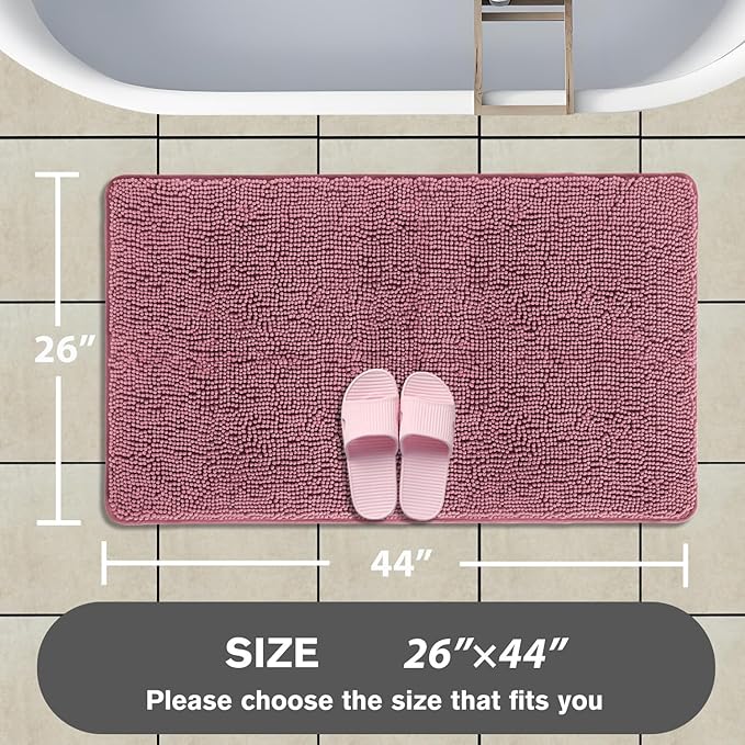 Dusty Rose Bathroom Rugs – Absorbent and Washable Bath Mat, Non-Slip, Thick Soft Chenille Bath Rugs for Bathroom Floor, Shower, Sink - 26" x 44"
