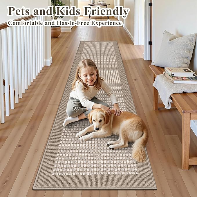 Ileading Hallway Runner Rug 2'x10' Heavy-Duty Durable Entryway Floor Mat with Non Slip Rubber Backing for Busy Traffic Extended Indoor Doormat Machine Washable Beige Kitchen Throw Rug for Corridor