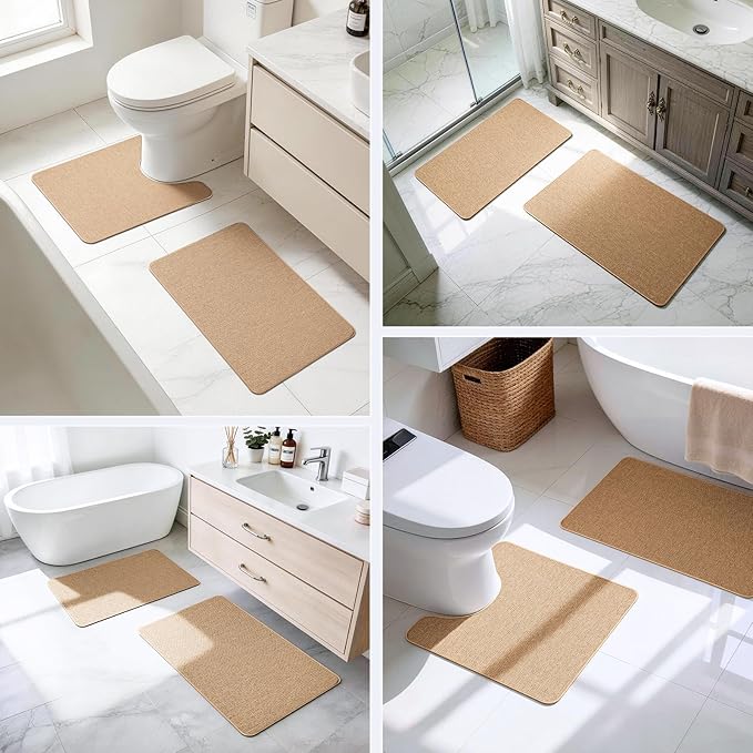 Bathroom Rugs Sets 2 Piece, Thin Bath Mat Absorbent Quick Dry, Machine Washable, Rubber Backing for Non Slip, Low Pile Cozy Cloth Bathroom Rug Set for Tub/Sink/Shower (27"x17" & 36"x24", Khaki)
