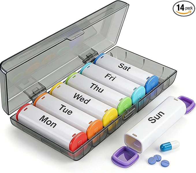 CAidRE Weekly Pill Organizer 2 Times a Day - 7 Day AM PM Pill Box Large Travel Pill Case, Daily Pill Container Dispenser for Vitamins, Supplements, Fish Oils, Medication Storage Pill Holder, White