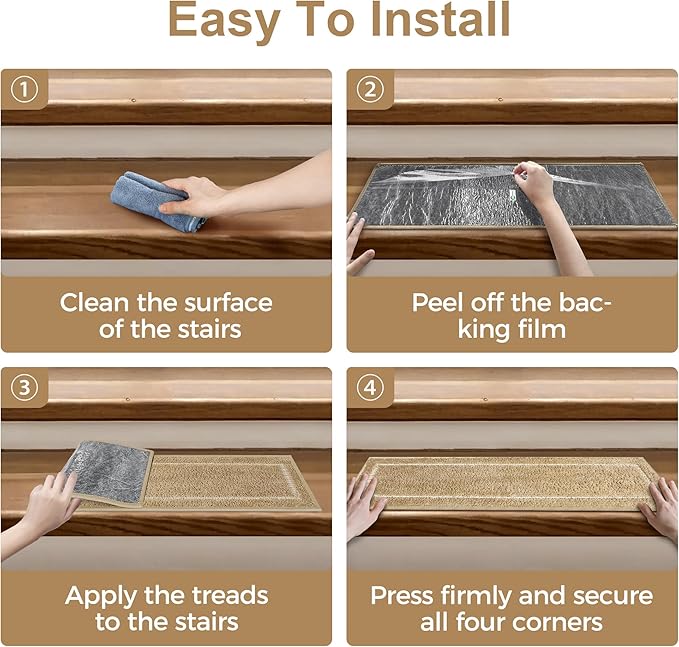 Non Slip Microfiber Stair Treads for Wooden Steps, 15PCS 8"x30" Indoor Safety Carpet, 3D Cut & Loop Tufted Edging Mats with TPE Adhesive Backing, Pet & Elderly Friendly Stair Rugs (Tan Border)