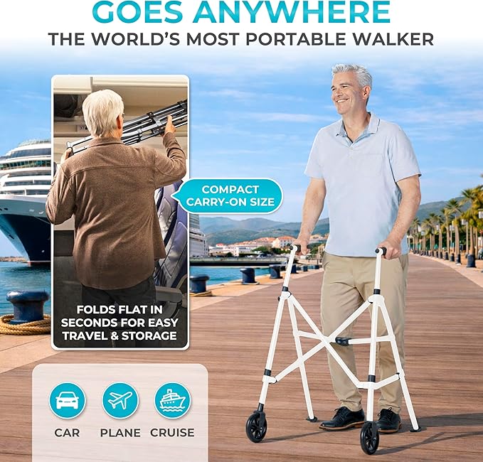 Stander Space Saver Walker, Lightweight Folding Rolling Mobility Aid for Seniors & Adults, Compact 2-Wheel Disability Device with 6-inch Wheels & Ski Glides for Walking Support, Vivid White