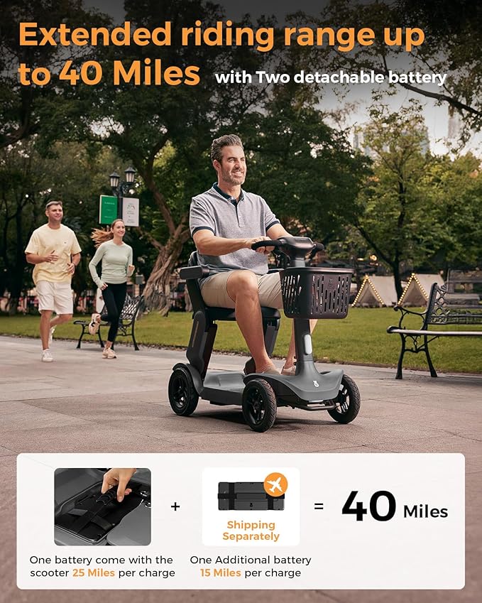 Paiseec S3 Pro Mobility Scooters for Adults, 40 Miles Long Lasting Mobility Scooter, Lightweight Travel Scooter for Seniors, 300 lbs Capacity, AI Speed Control, 250W Motor (Grey-40miles-S3)