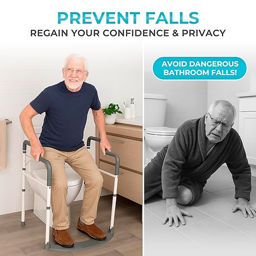 Stander Wonder Toilet Safety Rails for Seniors, Adjustable Detachable Toilet Frame with Padded Handles for Elderly Adults, Foldable Handicap Support Rail with Footrest, Fits Any Toilets