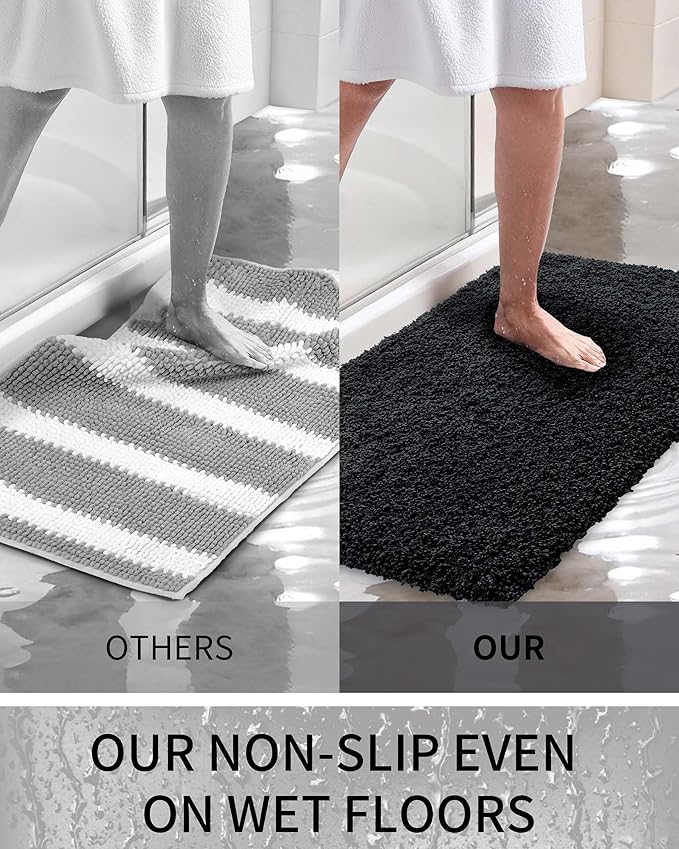 Bathroom Rugs Non Slip Washable 48x24, Ultra Thick Soft Microfiber Absorbent Bath Mats, High Density Foam Latex Non Slip Backing Bath Rugs, Fluffy Floor Carpet for Tub&Shower, Black