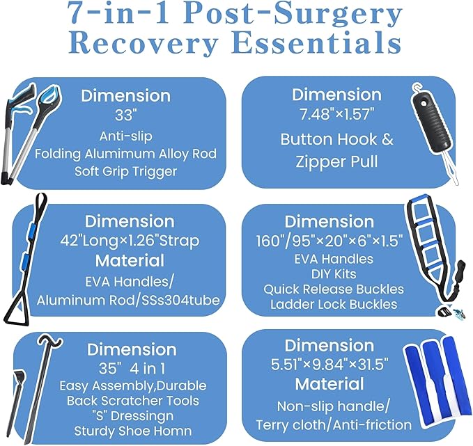7PC Hip Replacement Kit After Surgery, Recovery Kit for Seniors with Grabber Reacher Tool, Sock Aid, 42" Leg Lifter Strap, Dressing Stick, Shoe Horn (42" Long Leg Lifter Reacher Grabber)