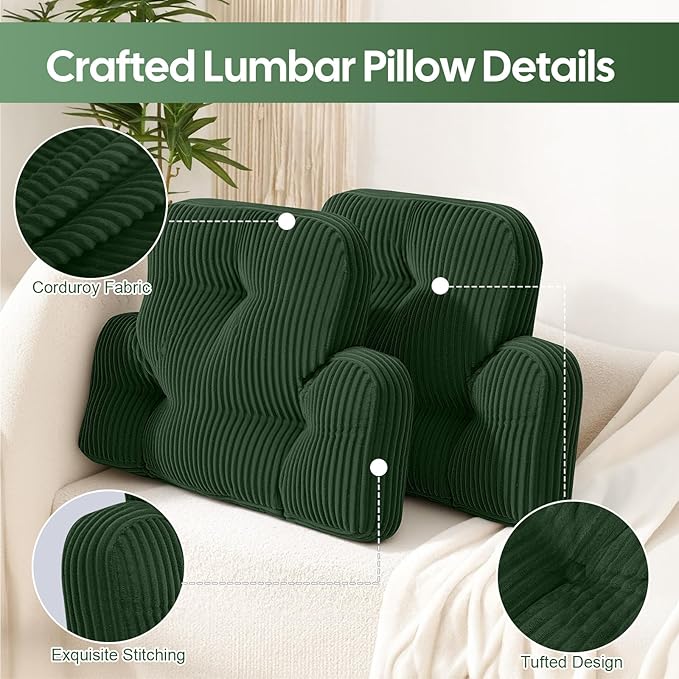 Lumbar Support Pillow for Recliner, Large Back Support Pillow for Office Chair, Tufted Corduroy Back Cushion for Elderly, Lower Back Pain Relief, Ideal for Sofa & Couch, Green