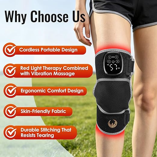 Seenew Red Light Therapy Knee Brace with Vibration Massage, Heated Knee Massager with Rechargeable Controller, 660nm & 850nm Red Light Therapy Heated Device for Knee, Elbow, Shoulder (Black-Grey)