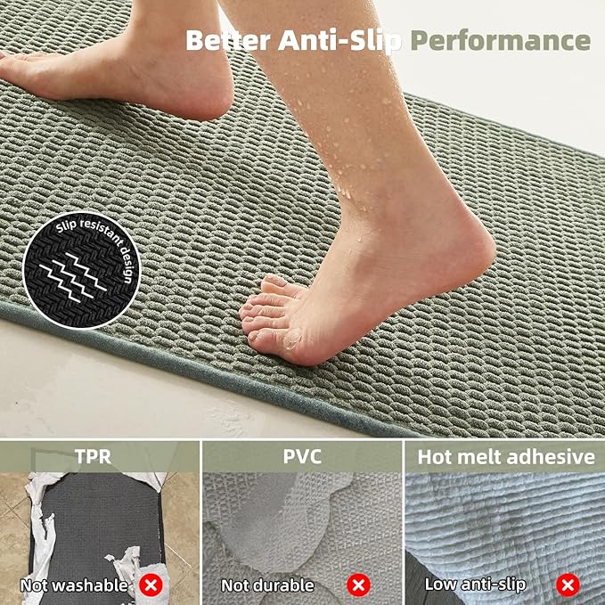 TYUU Bathroom Rugs Non Slip Washable, Super Absorbent Thin Bath Mat Quick Dry Low Pile Bathroom Rug, Sage Green 20"x48"