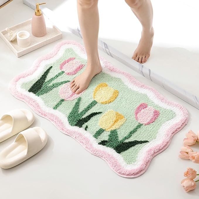 TRUEDAYS Cute Floral Bath Mat – Ultra Soft Non Slip Bathroom Rug, Absorbent Flower Carpet for Tub or Shower, Tulips Bath Mat for Kids, Girls, Home Decor, 32''x20''