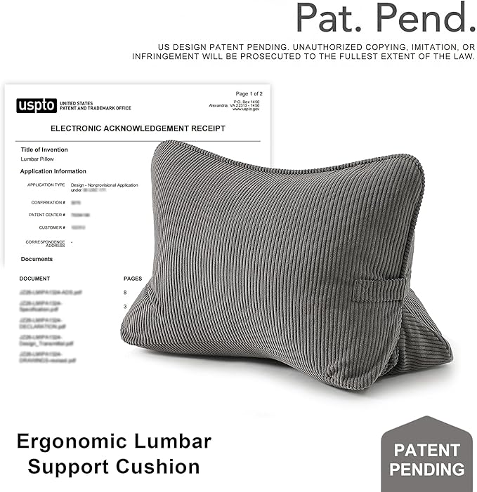 Pat. Pend. Corduroy Lumbar Support Backrest Pillow for Sitting & Reading, Ergonomic Triangle Cushion for Sofa, Armchair & Bed, Removable Cover, Dark Grey