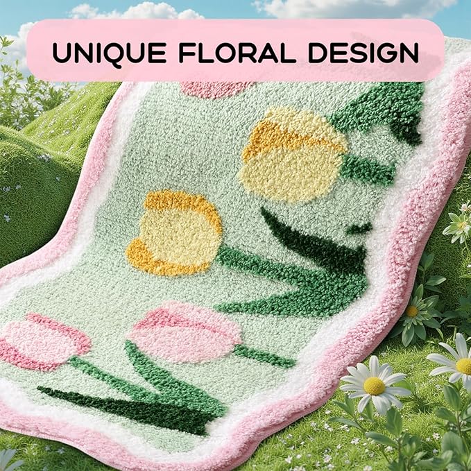 TRUEDAYS Cute Floral Bath Mat – Ultra Soft Non Slip Bathroom Rug, Absorbent Flower Carpet for Tub or Shower, Tulips Bath Mat for Kids, Girls, Home Decor, 32''x20''