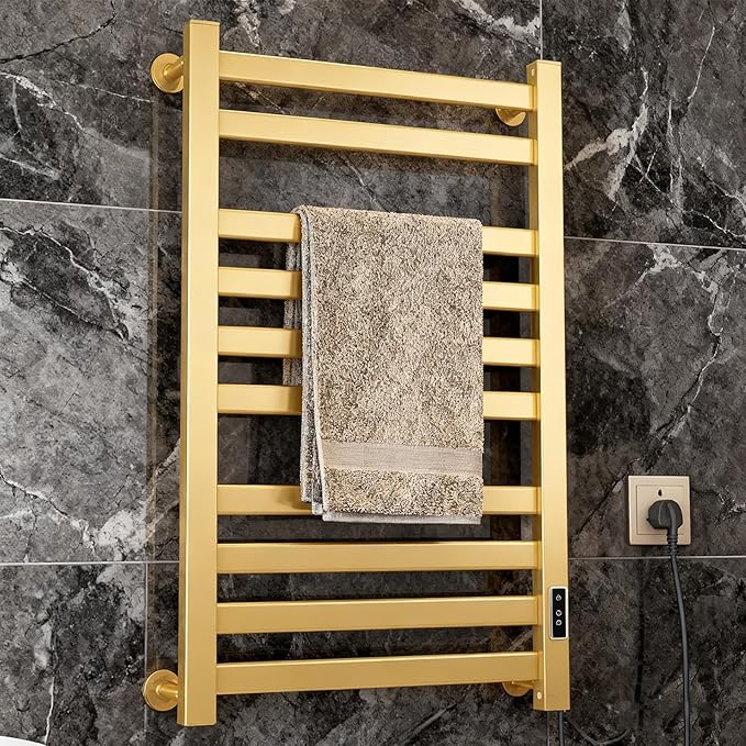 Verida Towel Warmer Rack, Heated Towel Rack for Bathroom, Wall-Mounted Plug (Not Hardwired), Aluminum Alloy, with Timer and Temperature Adjustment, Overheat Protection Function(Large Gold)