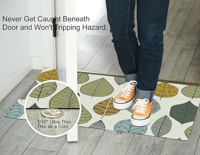 1/10 Inch Ultra Thin 24"×35" Large Front Door Mat Indoor Entrance Inside Non Slip, Waterproof Rubber Kitchen Mat and Interior Home Washable Door Mat, Multi Leaves