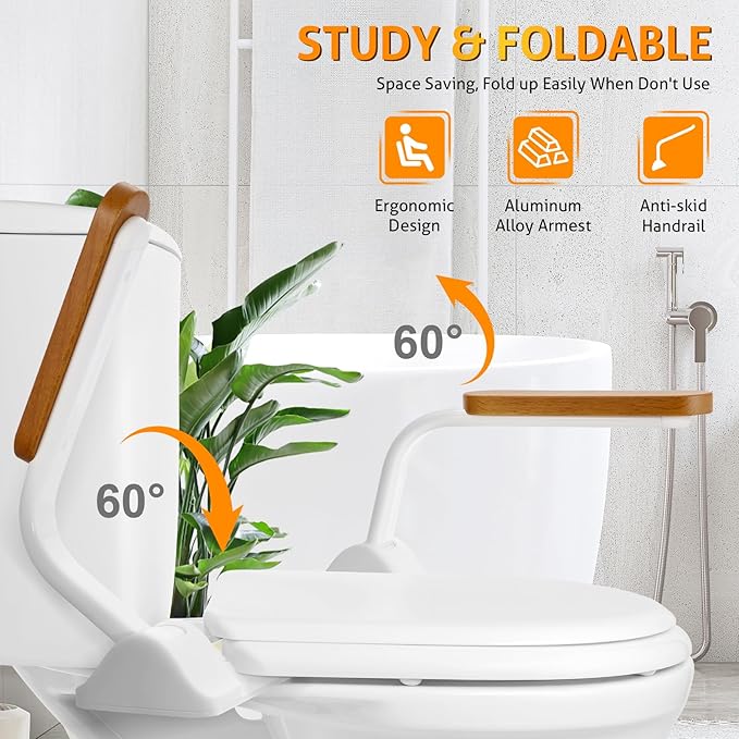 Toilet Safety Rails for Elderly, WICHEMI Toilet Rails for Seniors Adjustable Handicap Toilet Seat with Foldable Wooden Handles Heavy Duty 480LBS Toilet Assist Rails for Seniors, Handicap, Pregnant