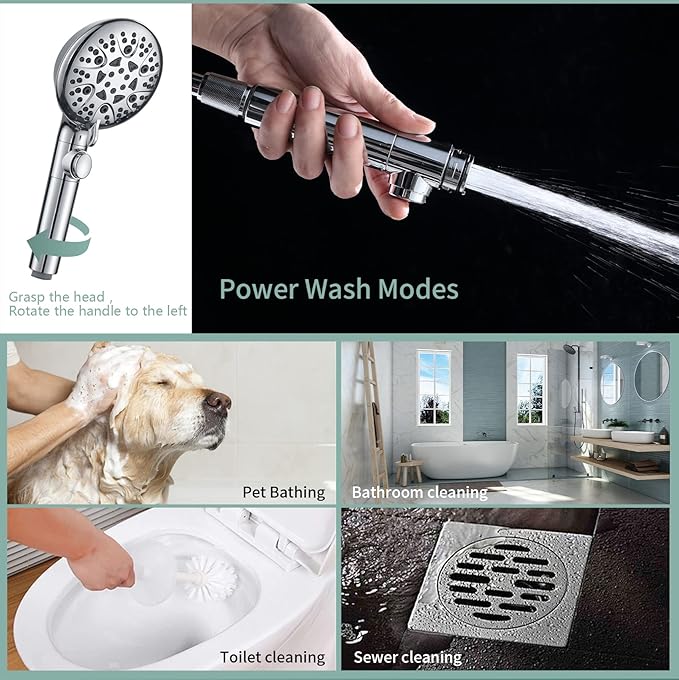 Handheld Shower Heads with ON OFF Switch,Extra Long 79-inch Hose 8 Spray Settings High Pressure Detachable Showerhead,Built-in Power Sprayer to Clean Pets, Adjustable Angle Bracket,Silver