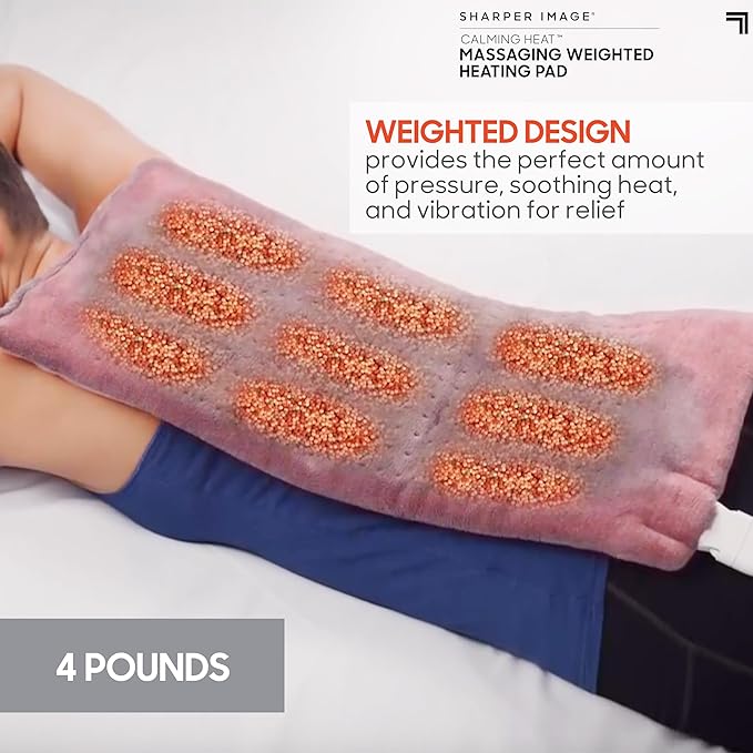 Calming Heat Massaging Vibrations Weighted Heating Pad by Sharper Image | Temperature Settings, Auto Shut-Off Feature, Gift for Holidays, Women & Men | 3 Heat, 6 Massage, 12” x 24”, 4 lbs