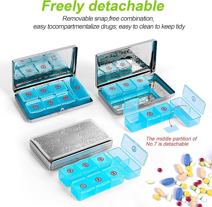 Pill Organizer with 3 Compartments 7 Day Metal Pill Box for Fish Oil/Food Supplements Travel Pill Box. (Rectangle-Silver, Large Rectangle)